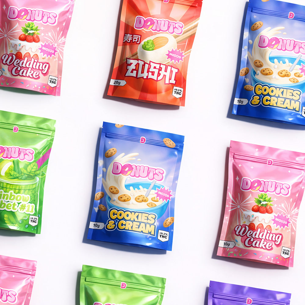 Packagings en pochonc de donuts au CBD